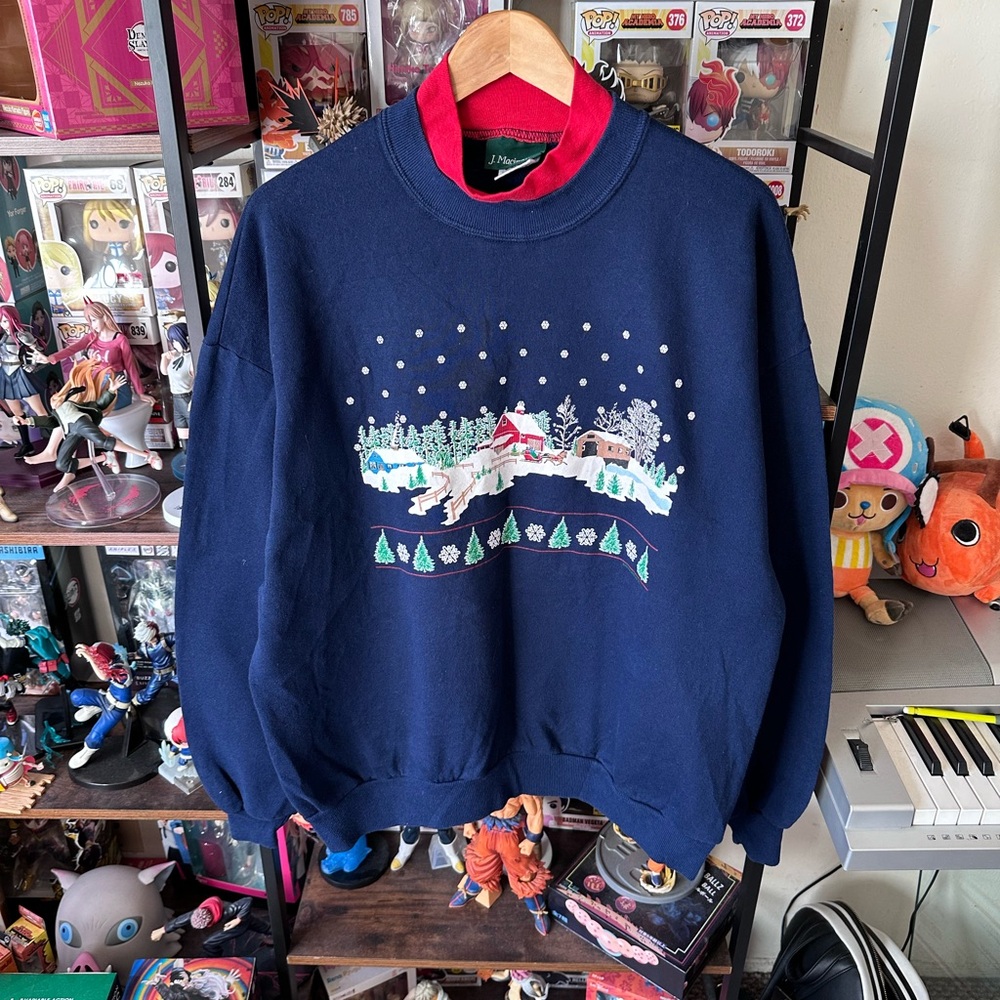 Vintage Christmas Winter Scene Sweatshirt Navy Red Made In USA Men’s XL